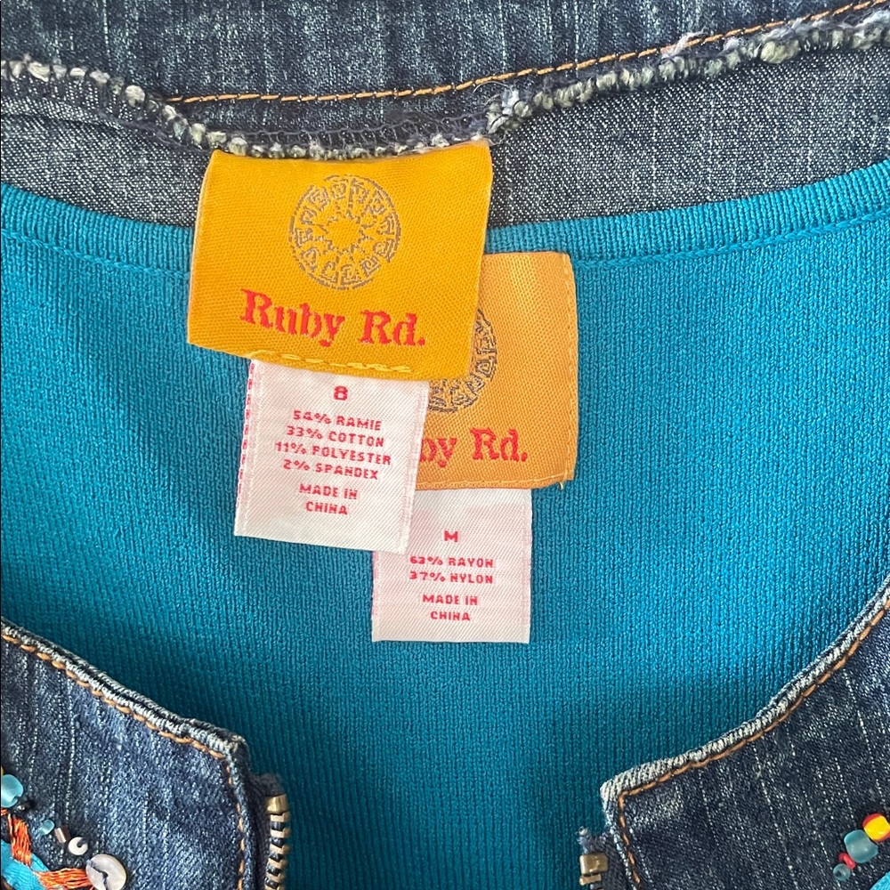 Ruby Rd. Blue Denim Jacket with Multicolor Fringe - Picture 2 of 5